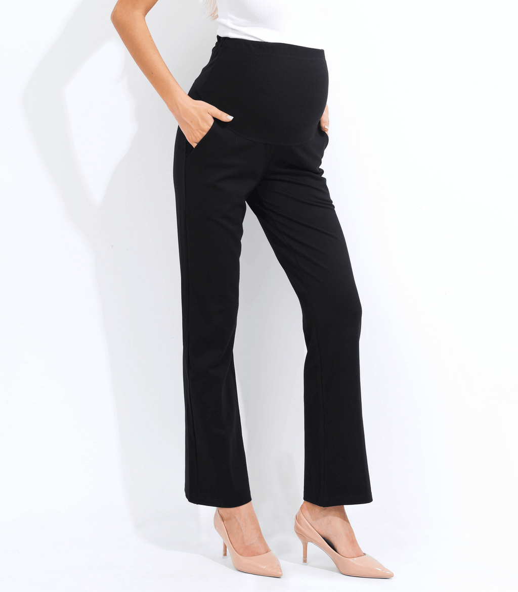 Black maternity trousers with draped belly panel and wide straight legs