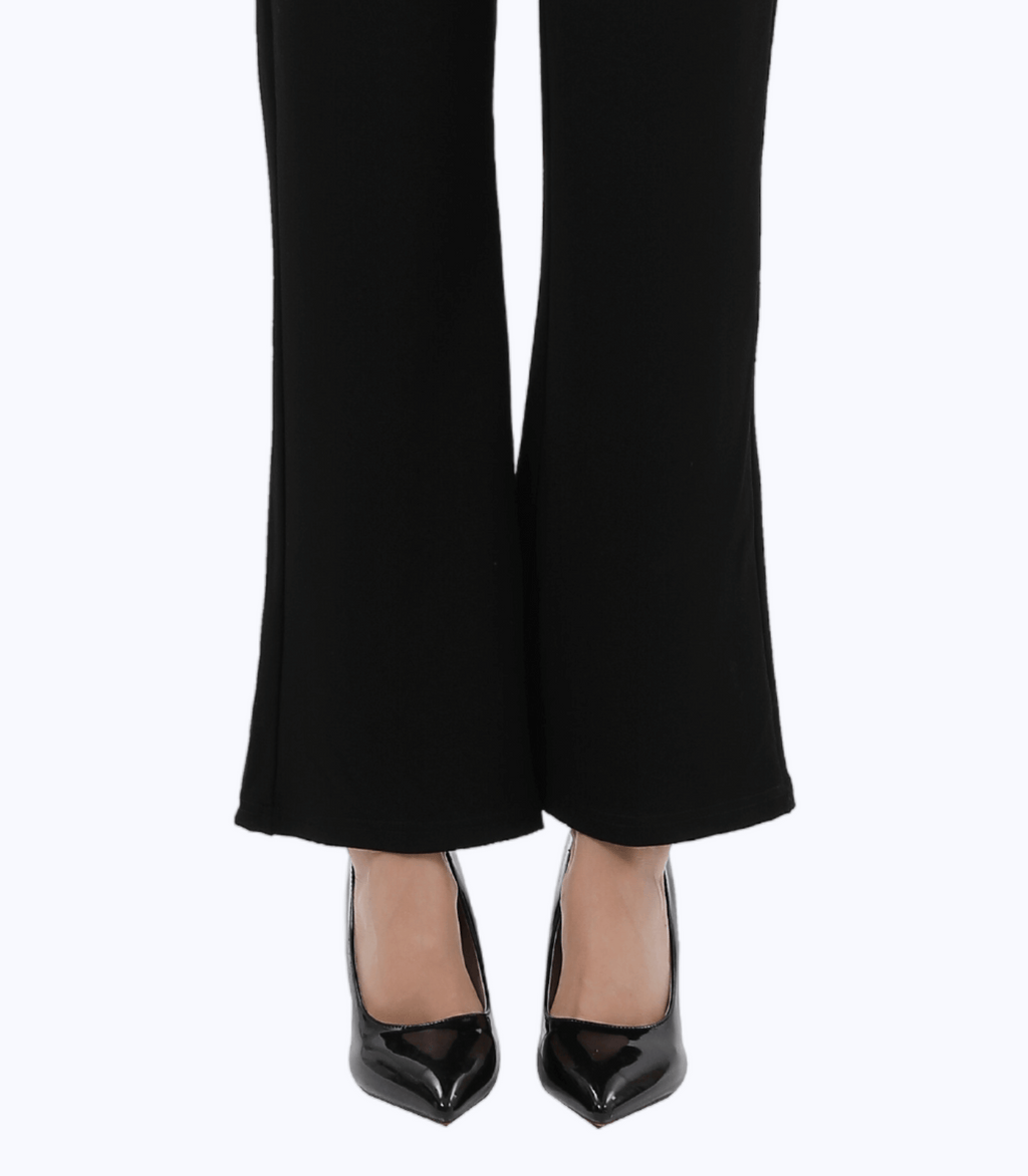 Black maternity trousers with wide flared hem and sleek leg silhouette