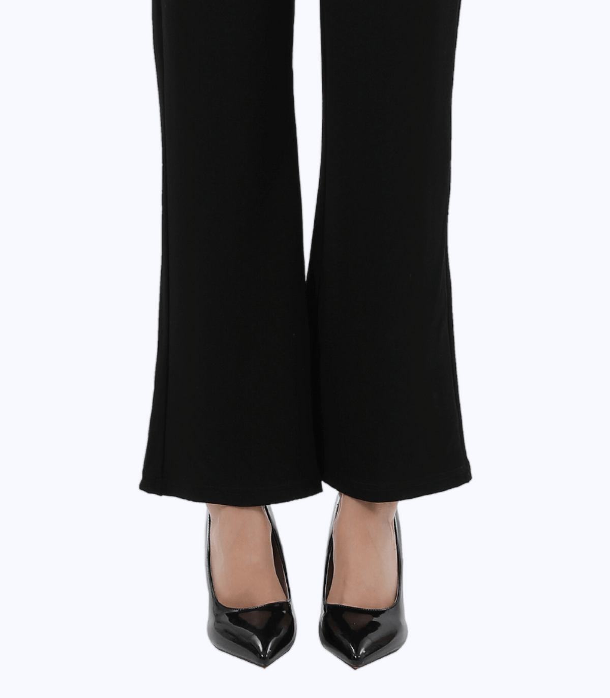 Black maternity trousers with wide flared hem and sleek leg silhouette