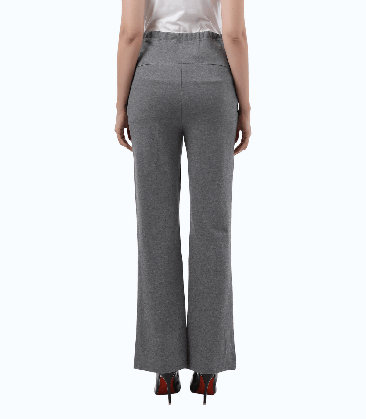 Maternity trouser pants, gray flared legs with elastic waistband