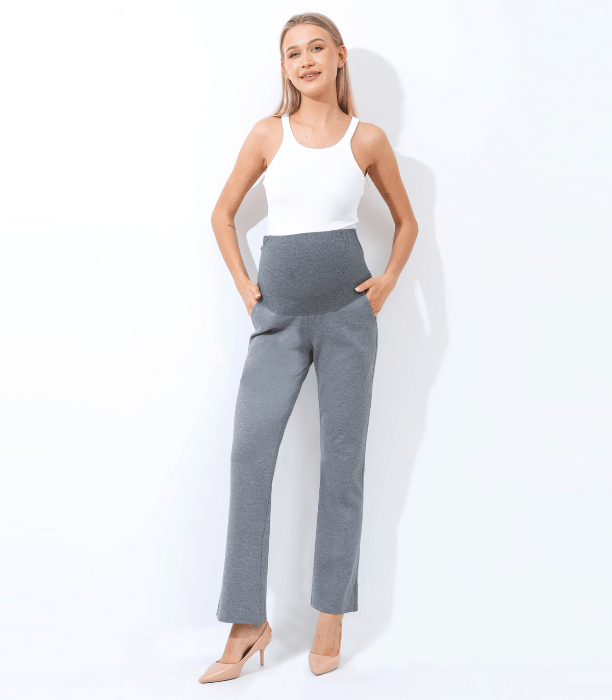Maternity trouser pants in gray with under-belly panel and straight leg