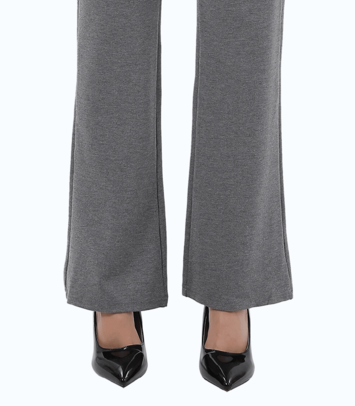 Maternity trouser pants, gray bootcut silhouette with flared hems