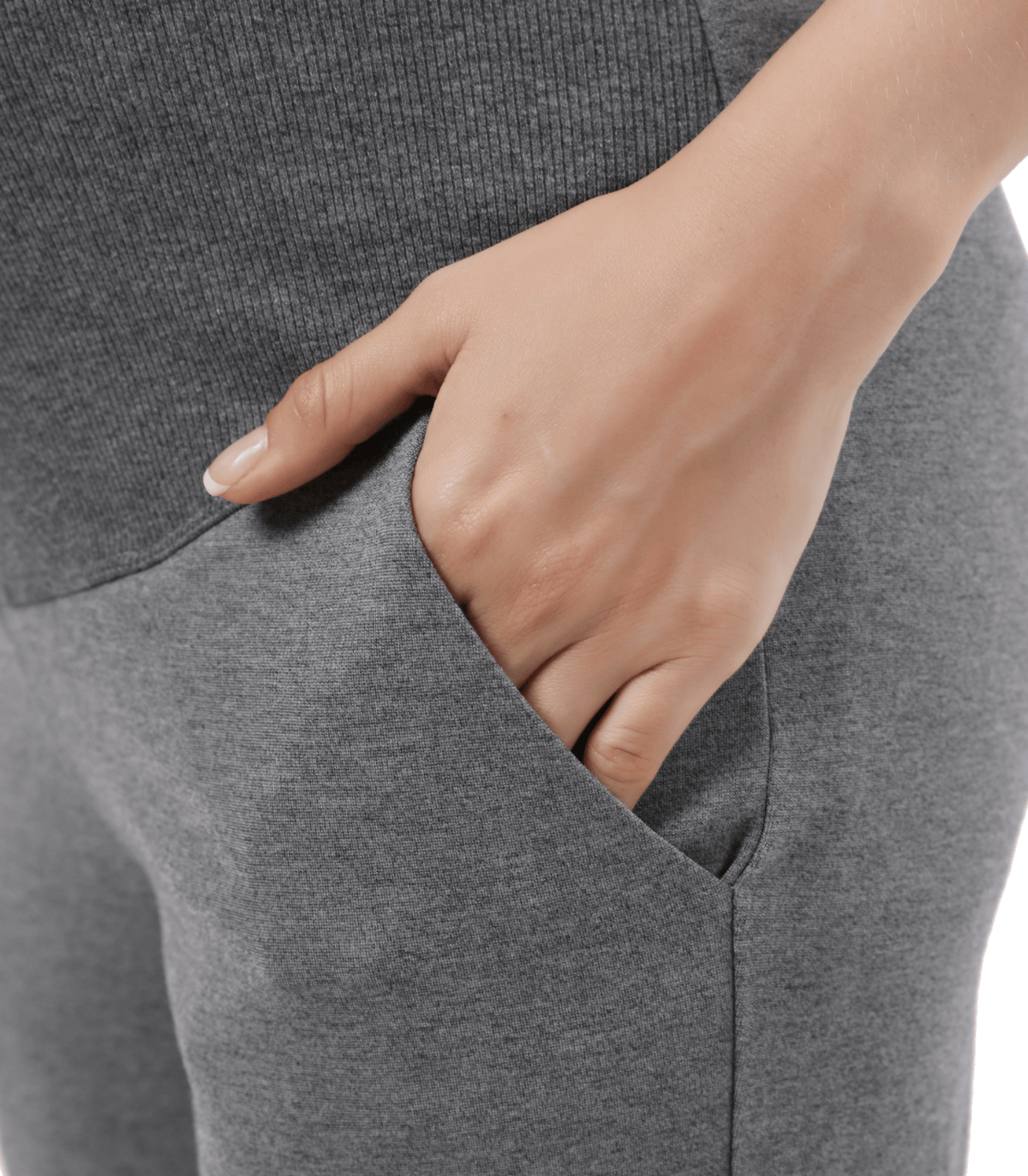 Maternity trouser pant in gray, side pocket and smooth stretch fabric close-up