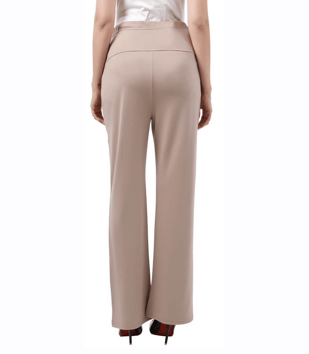 Back view of maternity trouser pants in beige with center seam and smooth drape