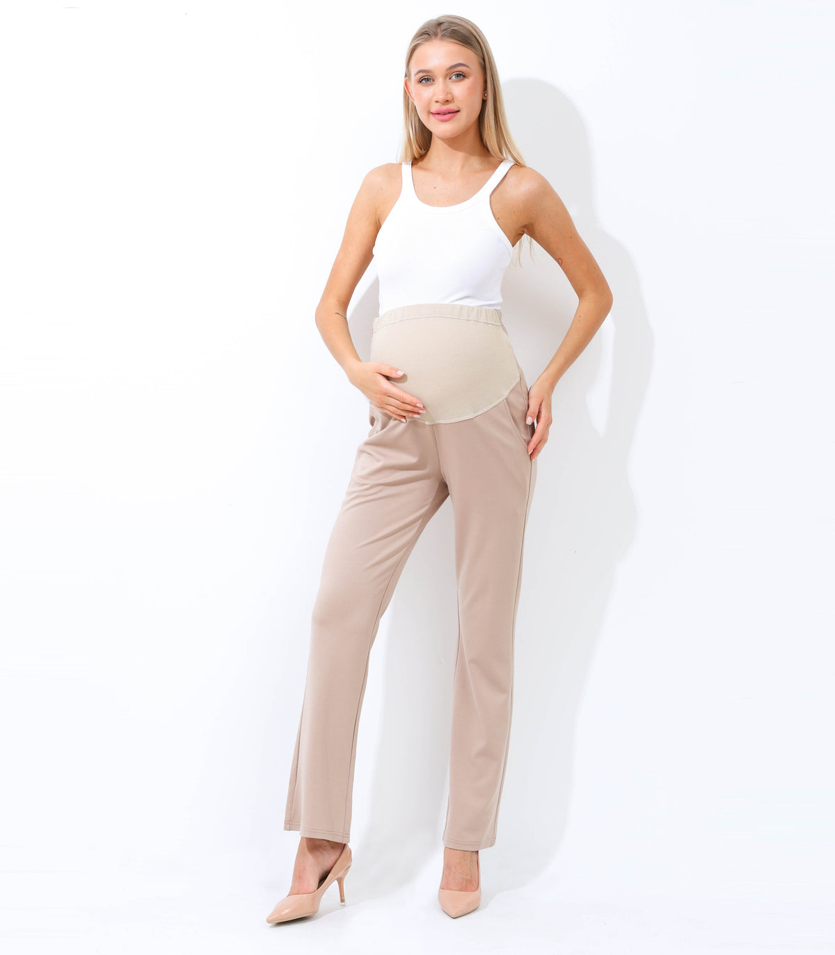Maternity trouser pant in khaki/beige, full-length straight legs with panel waist