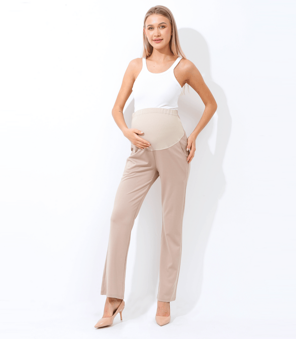 Maternity trouser pants in khaki with ruched under-belly panel and straight leg
