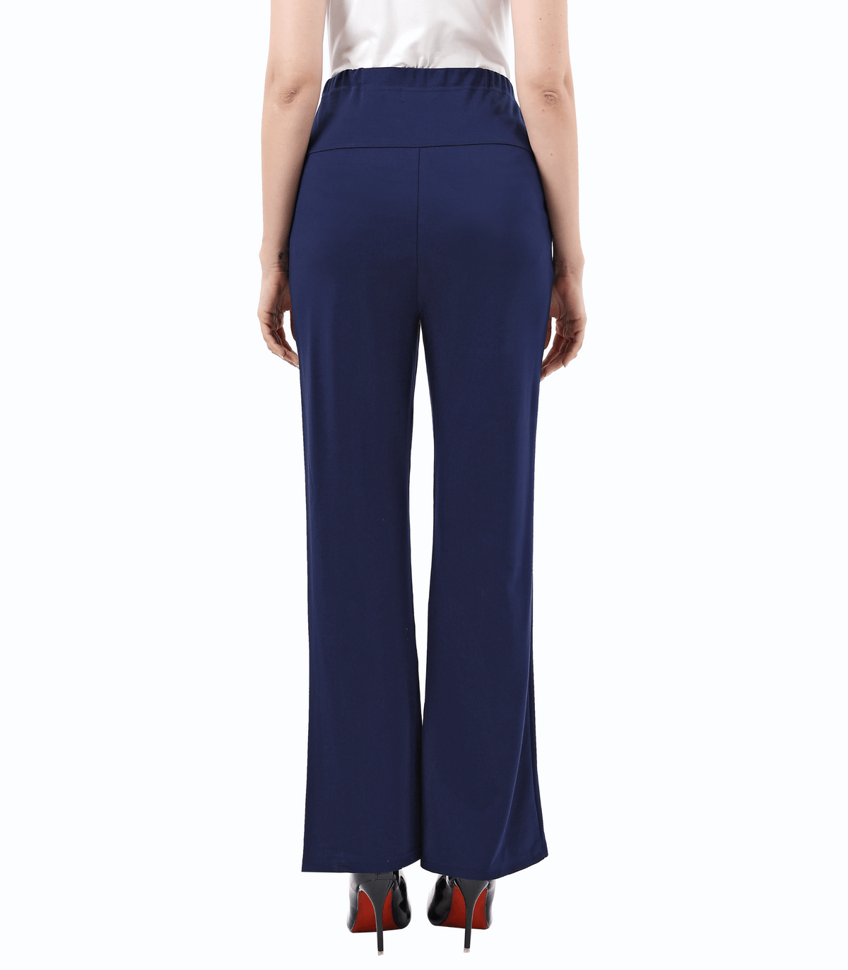 Maternity trouser pants, navy back view with elastic waistband and flared hem