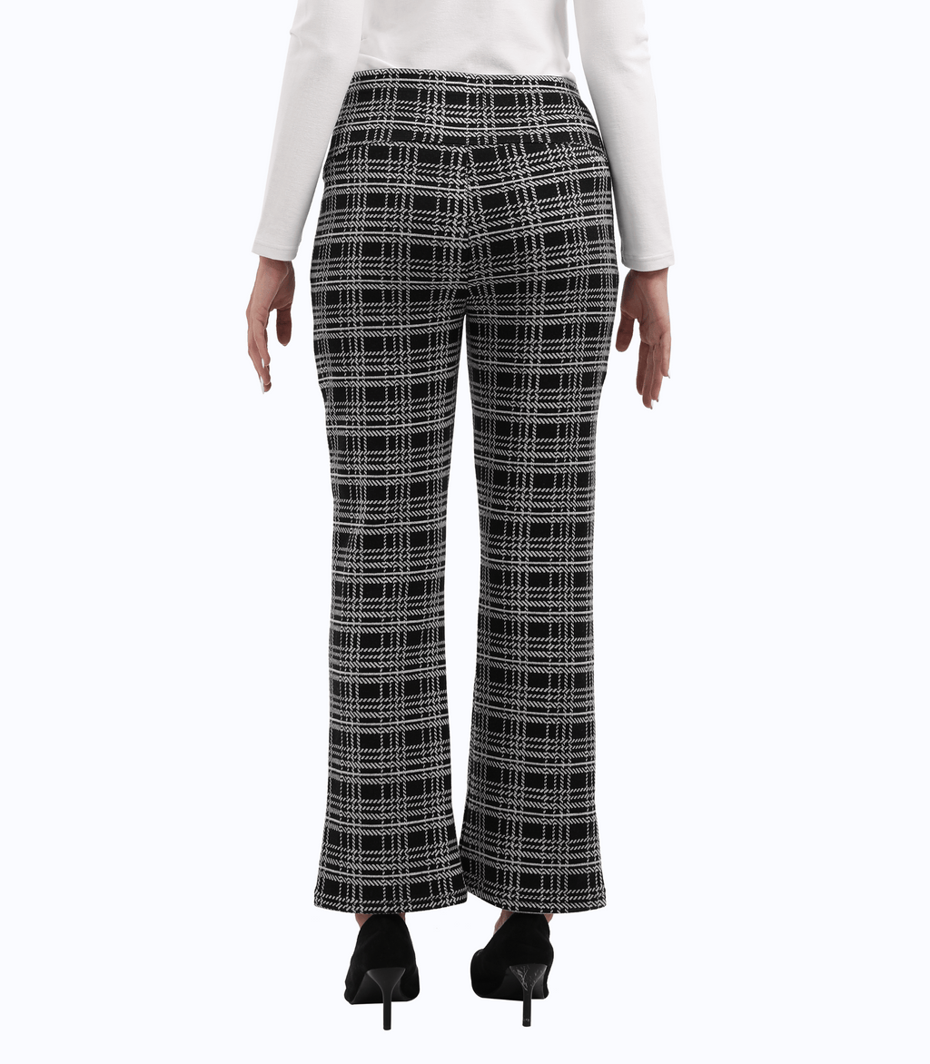 Maternity trouser pant in black-and-white plaid, back view with straight legs
