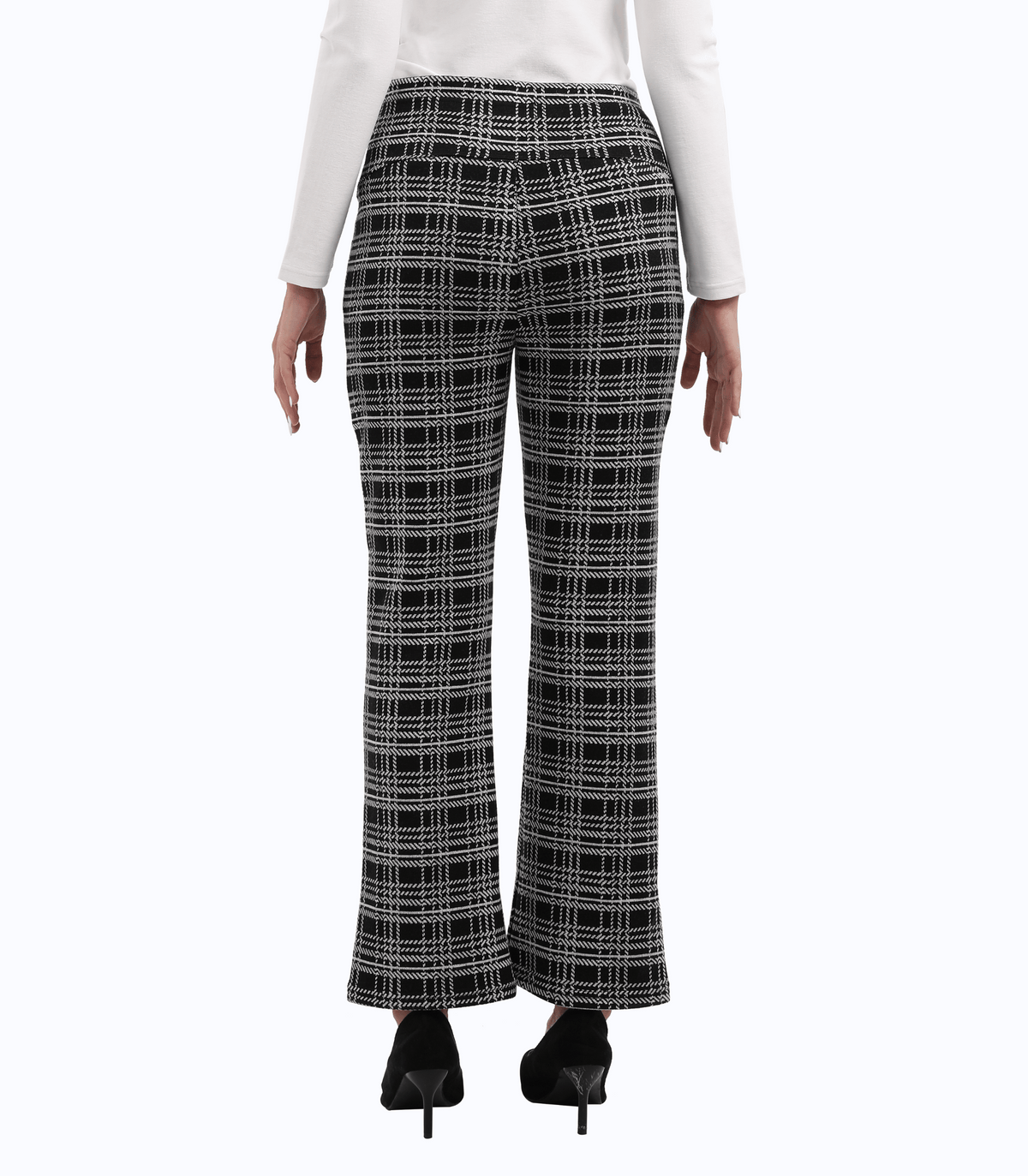Maternity trouser pant in black-and-white plaid, back view with straight legs