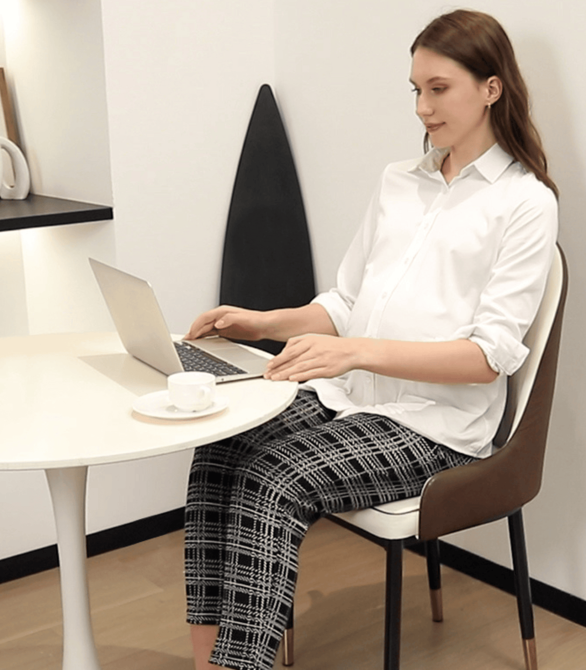Plaid maternity trouser pants worn with a white shirt, straight fit