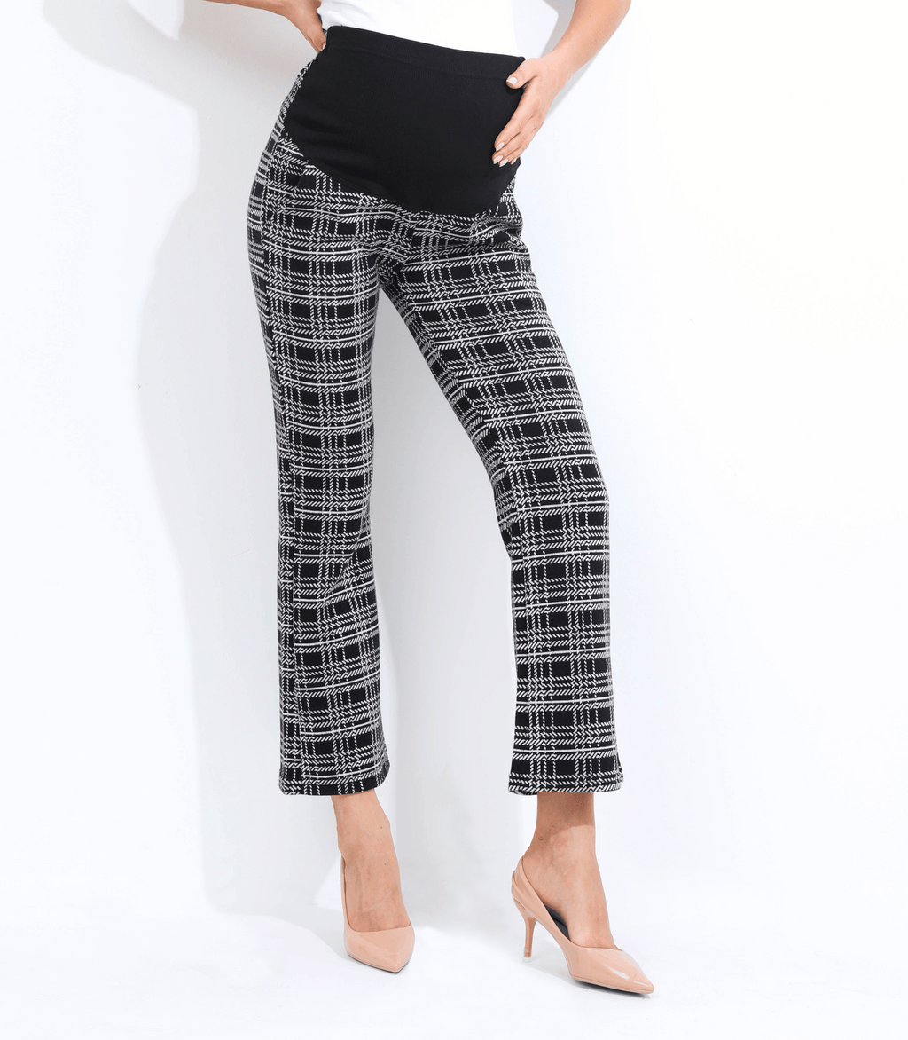 Black-and-white plaid maternity trouser pants with pull-on front panel