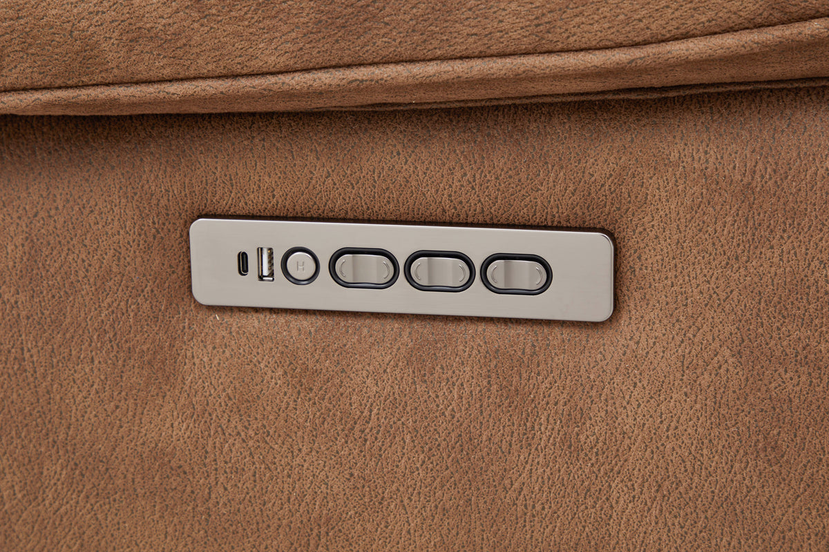 Brown upholstered arm control panel with buttons for recline
