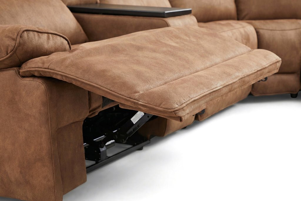 Brown power reclining sectional with extended footrest and open base mechanism