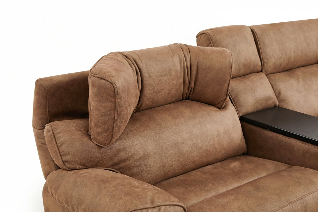 Mocha brown reclining arm section with padded headrest and curved back cushion