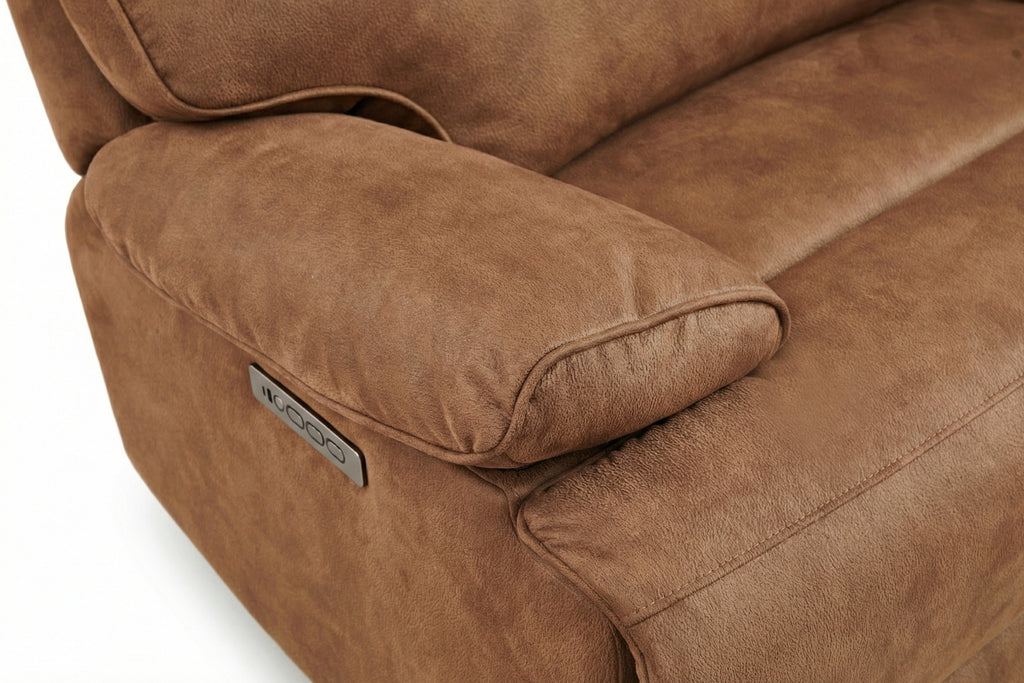Brown power reclining sectional armrest with stitched detail and control badge