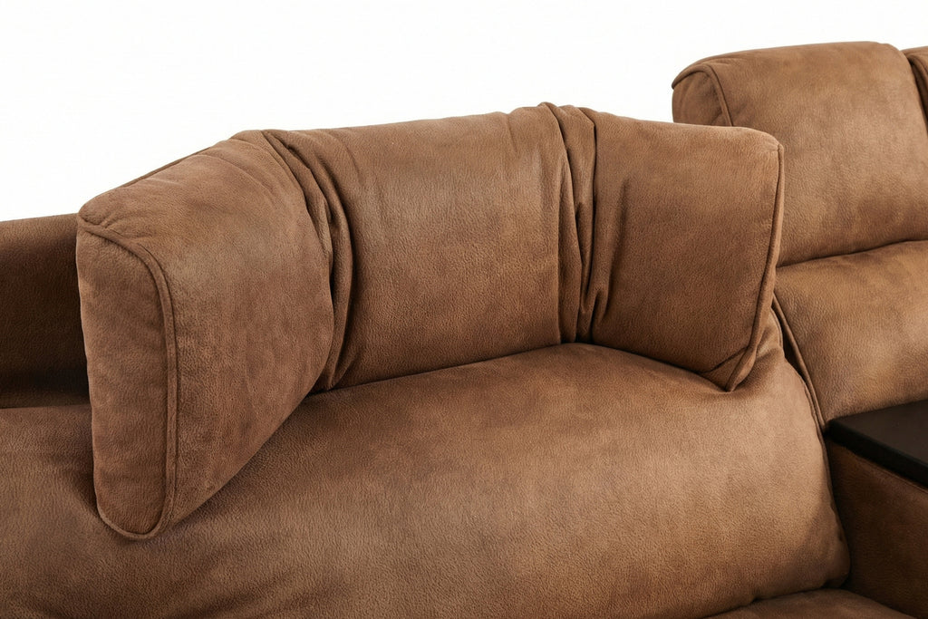 Brown power reclining sectional corner with padded backrest and arm cushions
