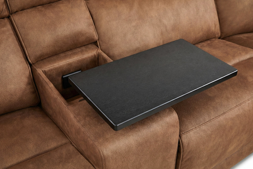 Mocha brown recliner with built-in dark tray table on padded seat
