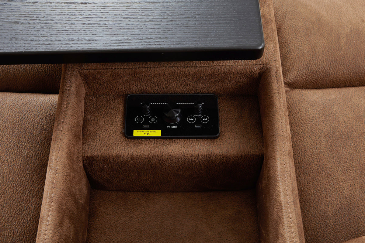 Mocha brown recliner with embedded power controls panel and volume settings
