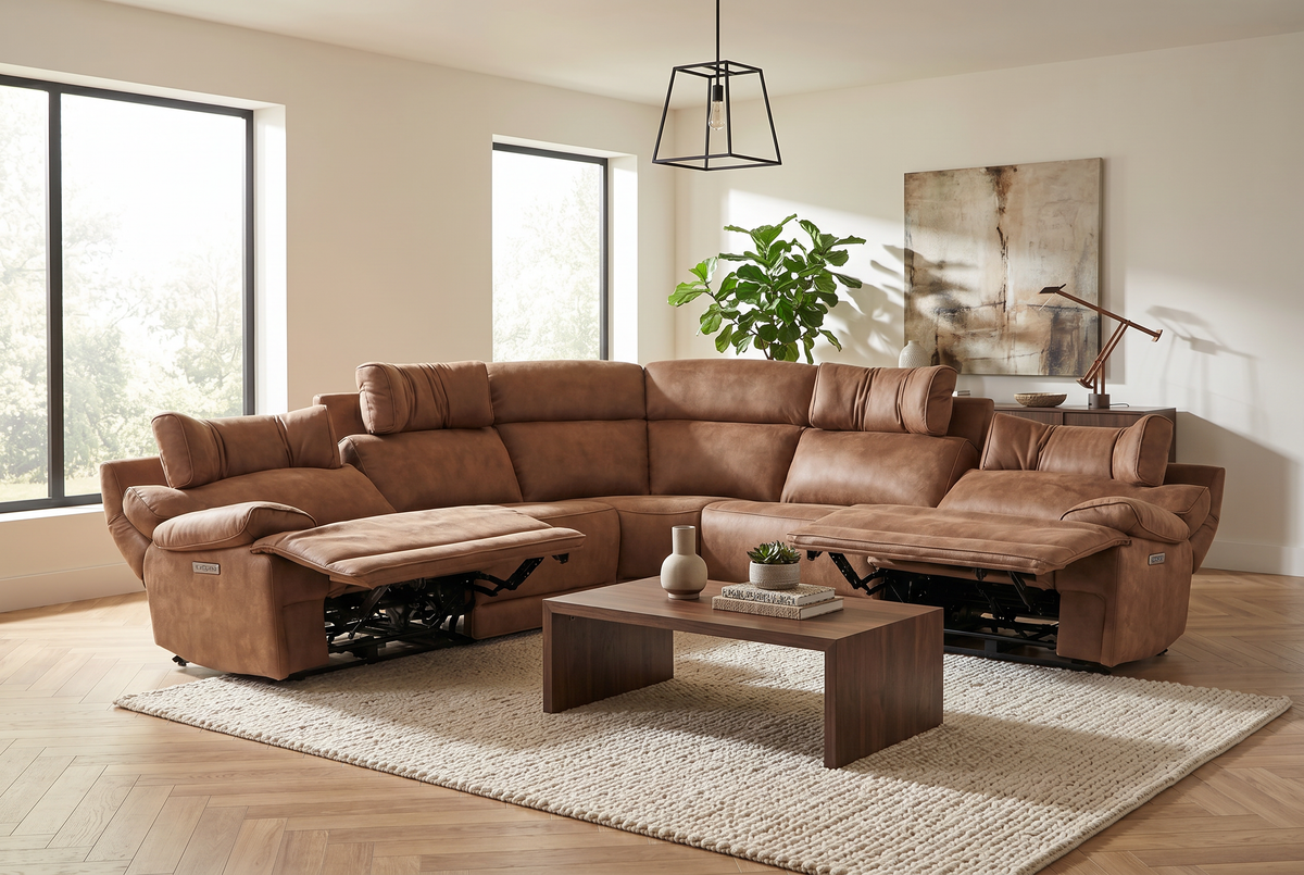 Mocha brown power reclining sectional with chaise pulled out and padded armrests