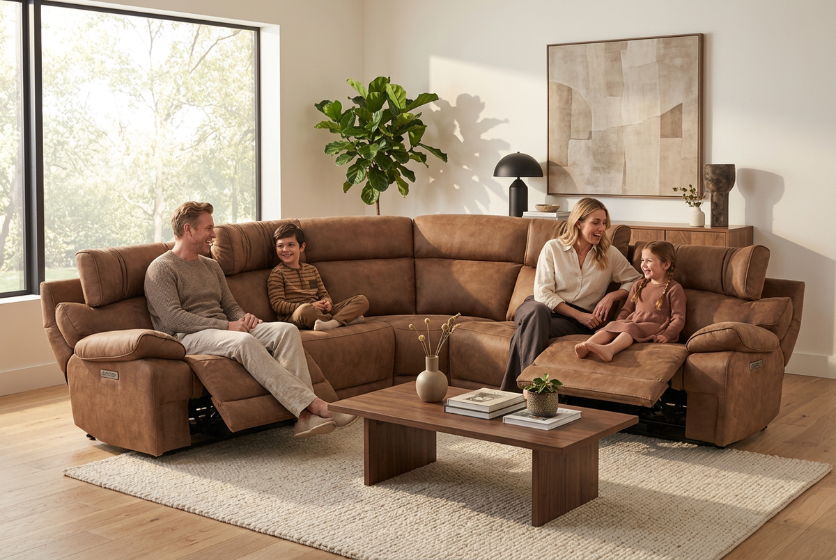 Mocha brown power reclining sectional with multiple recliner seats and padded cushions