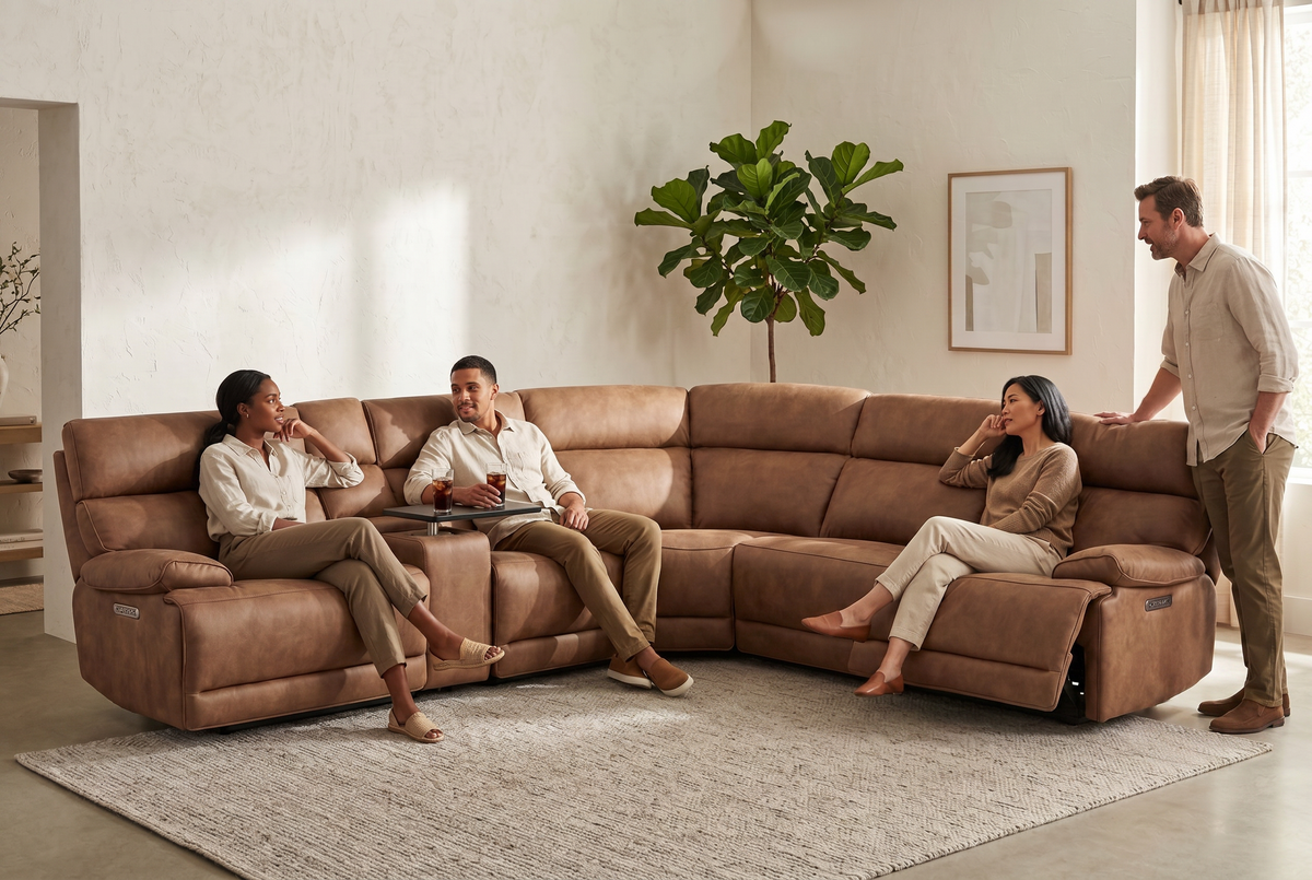 Mocha brown power reclining sectional sofa with chaise lounge and supportive armrests