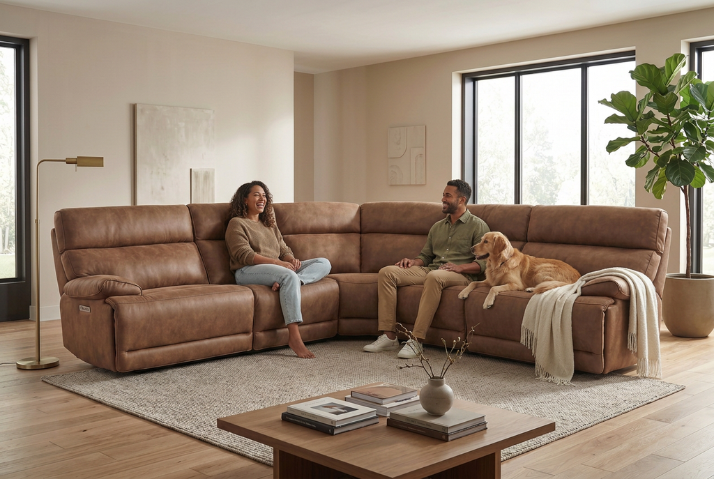 Mocha brown power reclining sectional sofa with corner chaise and wide seating