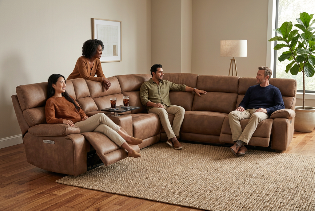 Mocha brown power reclining sectional sofa with wide chaise and deep seat cushions