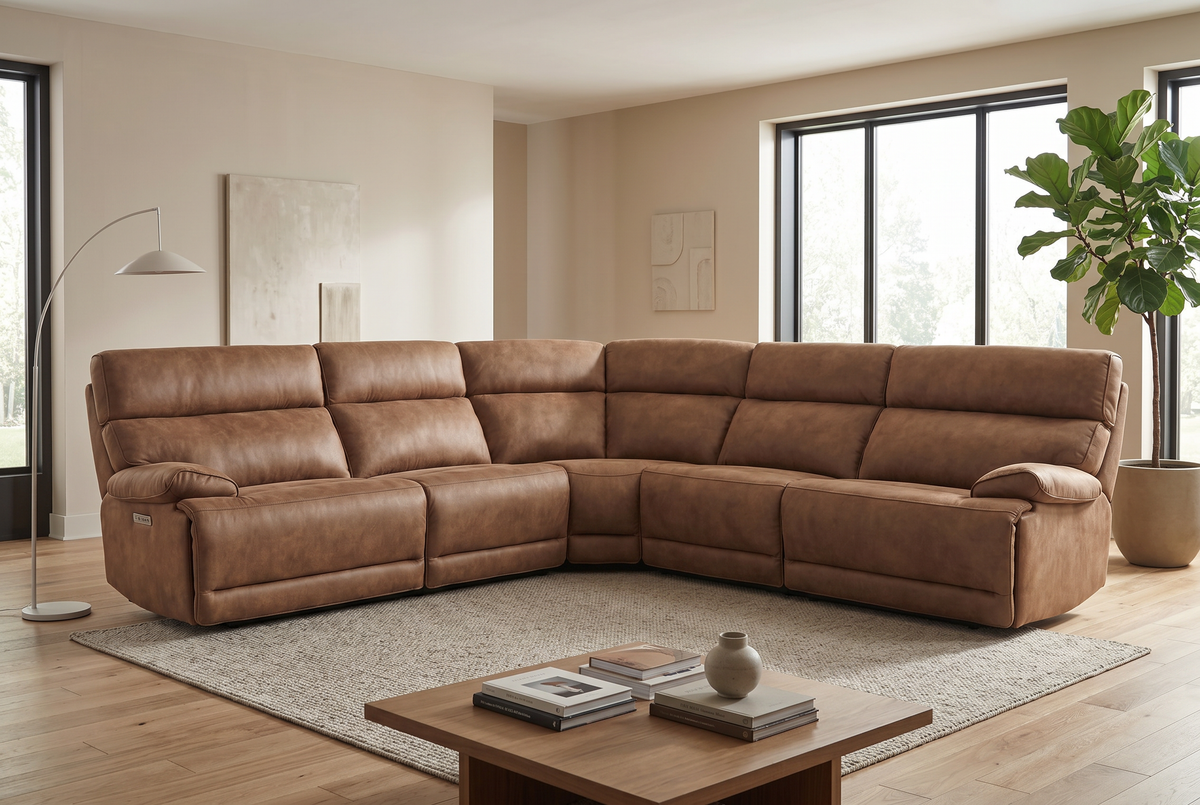 Mocha brown L-shaped sectional sofa with plush recliner seats and padded headrests
