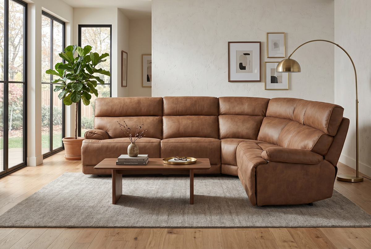 Mocha brown corner sectional with power recline chaise and curved padded armrests