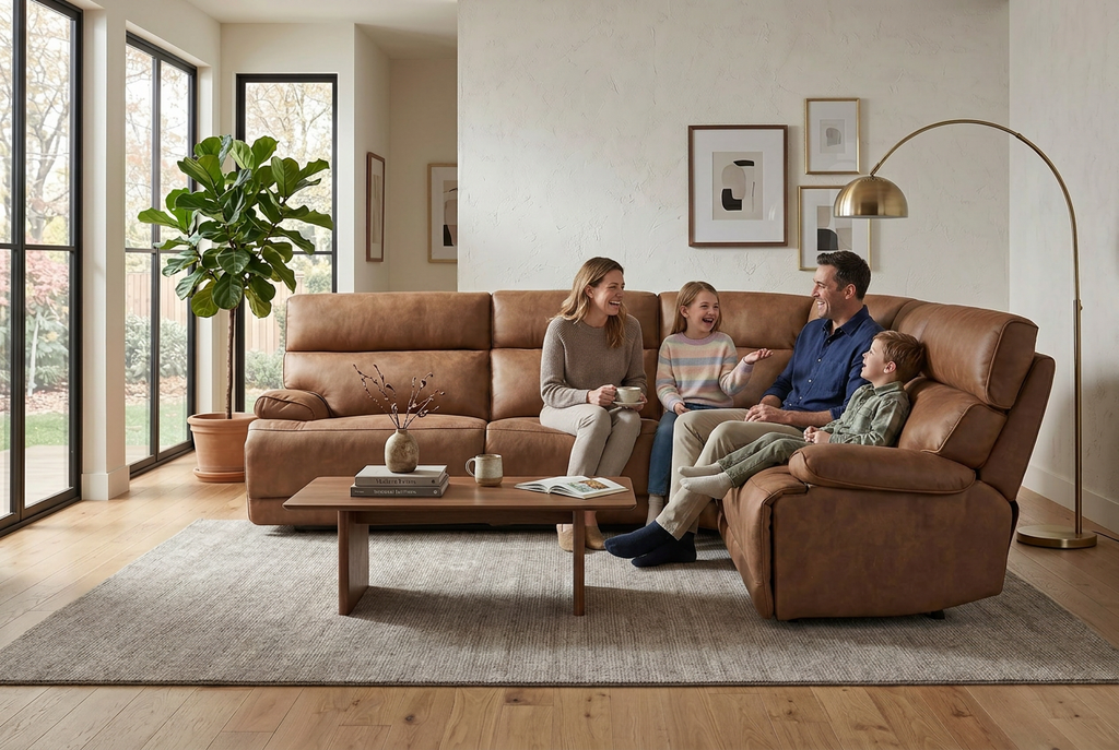 Mocha brown power reclining sectional sofa with chaise and tufted seatbacks
