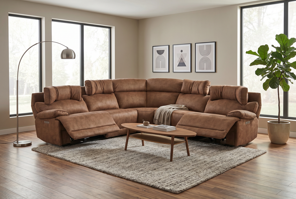 Mocha brown sectional power recliner with angled chaise and overstuffed arms