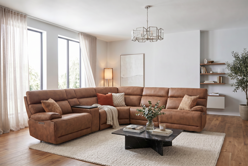 Mocha brown reclining sectional sofa with corner chaise and tufted back cushions