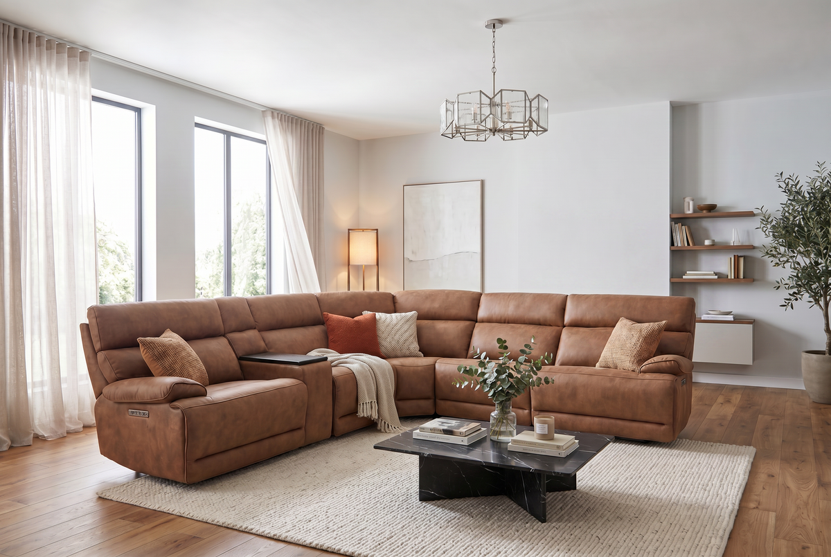 Mocha brown reclining sectional sofa with corner chaise and tufted back cushions