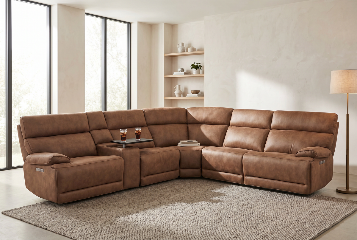 Mocha brown sectional sofa with power recline and smooth, track-style back cushions