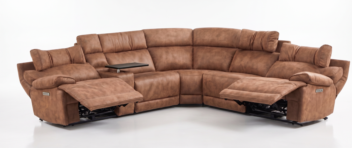 Mocha brown 6-piece sectional power recliner with two chaise extensions