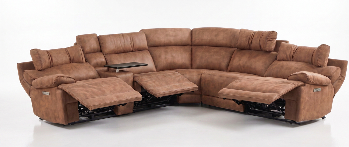 Mocha brown sectional power recliner with two chaise footrests extended