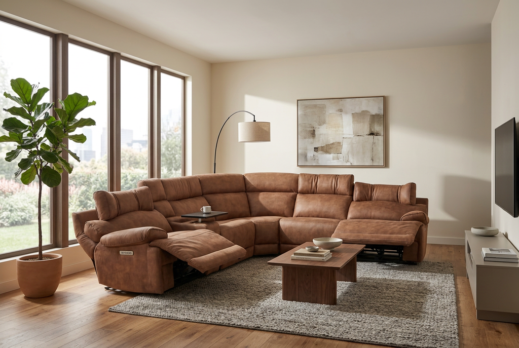 Mocha brown power reclining sectional with chaise seating and deep, cushioned seats