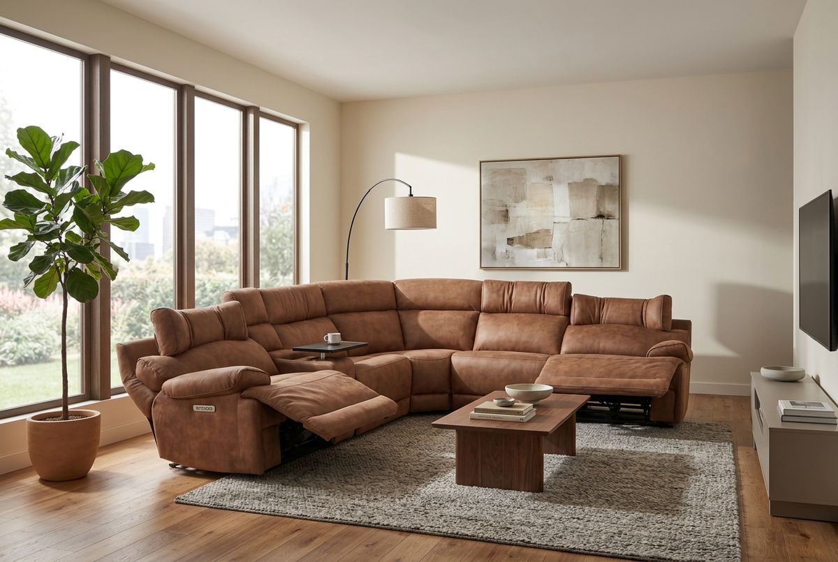 Mocha brown power reclining sectional with chaise seating and deep, cushioned seats
