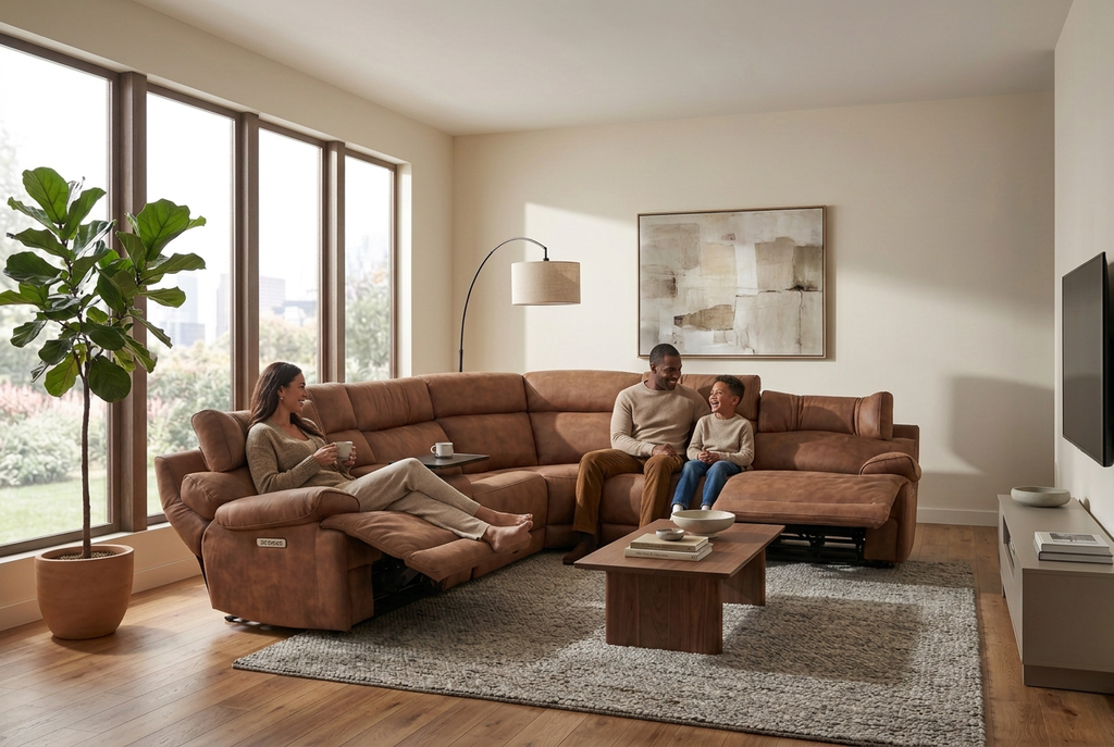 Mocha brown power reclining sectional sofa with chaise and long, multi-seat layout
