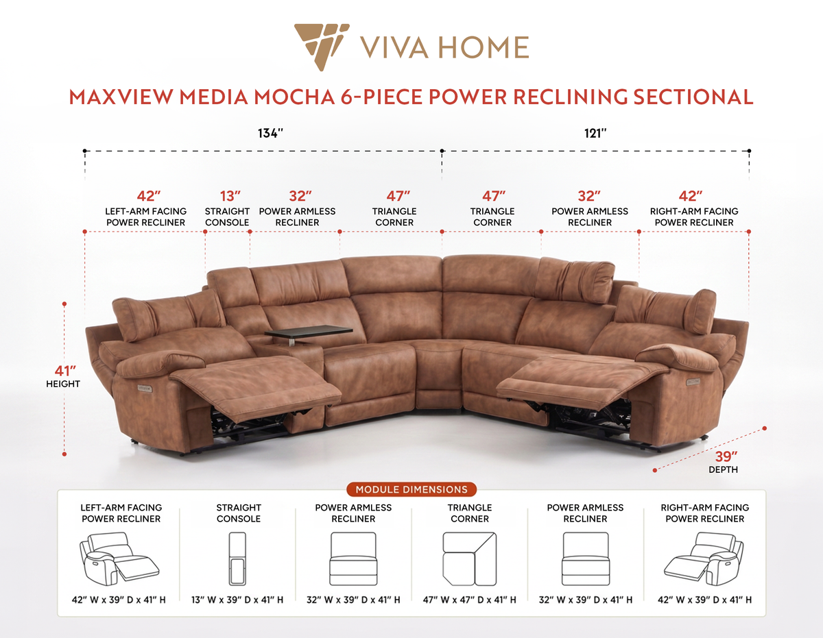 Mocha power reclining sectional layout and module dimension diagram