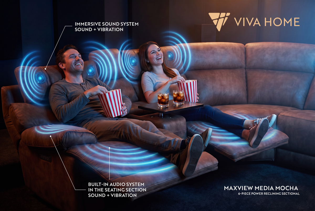 Mocha brown power reclining sectional sofa with raised recline seats and headrests