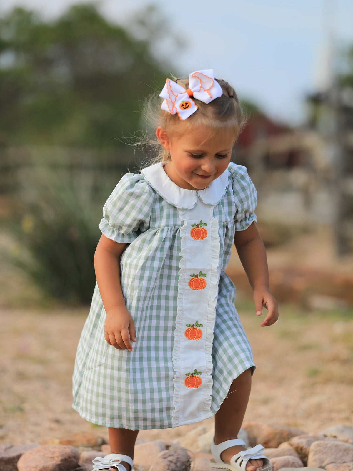 Green gingham girls dress with white ruffle front and vertical pumpkin applique, puff sleeves