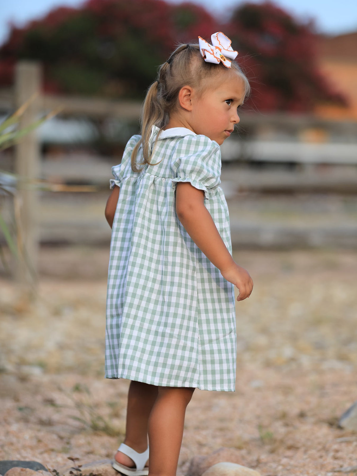 Green gingham girls dress with white ruffled collar and pumpkin applique placket