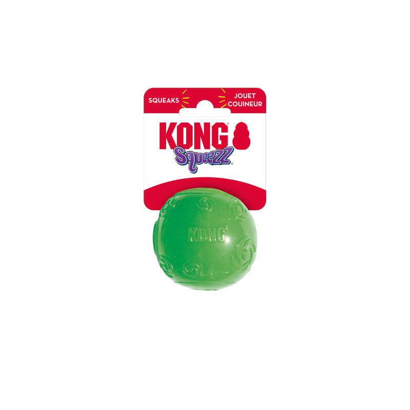 Green KONG Squeezz rubber chew ball shown on retail card