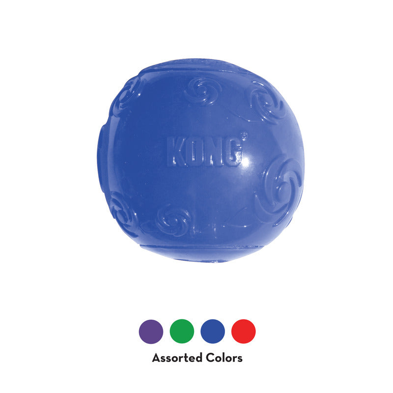 Blue rubber chew ball with KONG embossed, with assorted color dots