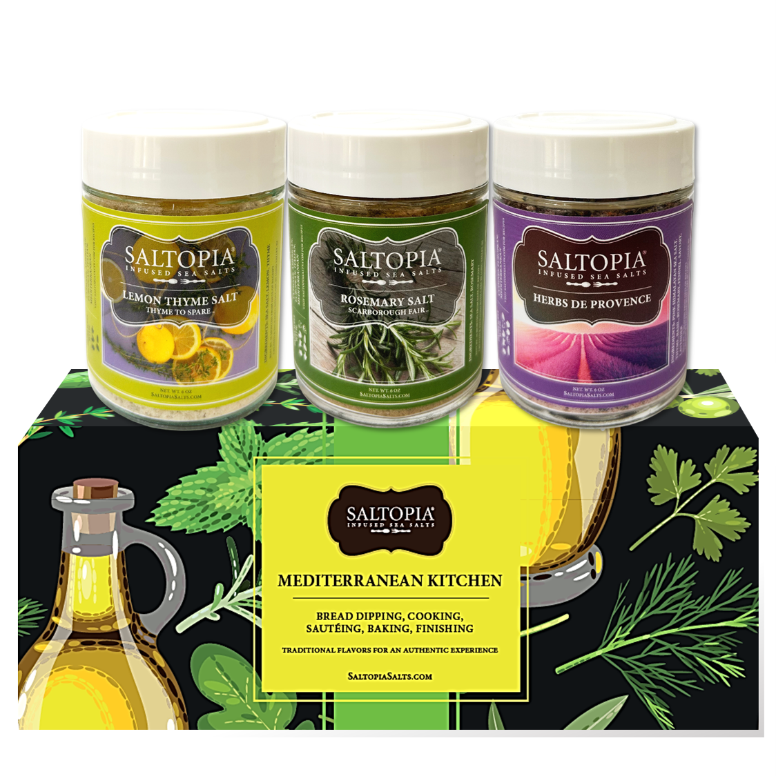 Mediterranean kitchen gift set gift box with three spice jars and Mediterranean card.