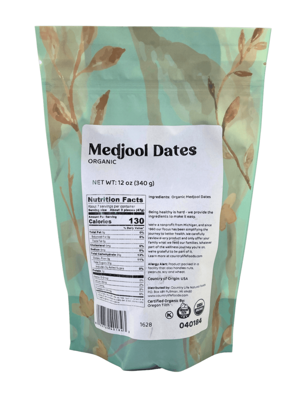 Organic Medjool dates bag, back panel with nutrition facts and ingredients