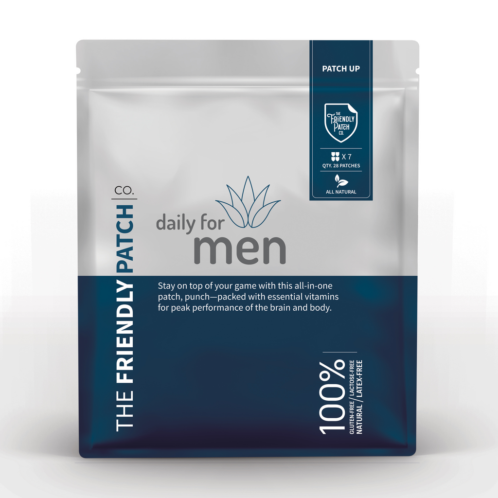 Men’s vitamin patch pouch with blue-and-white “The Friendly Patch” front label