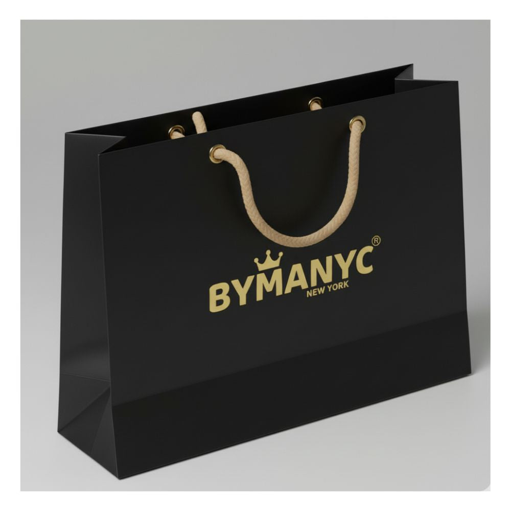 Black BYMANYC New York shopping bag with gold rope handles and logo