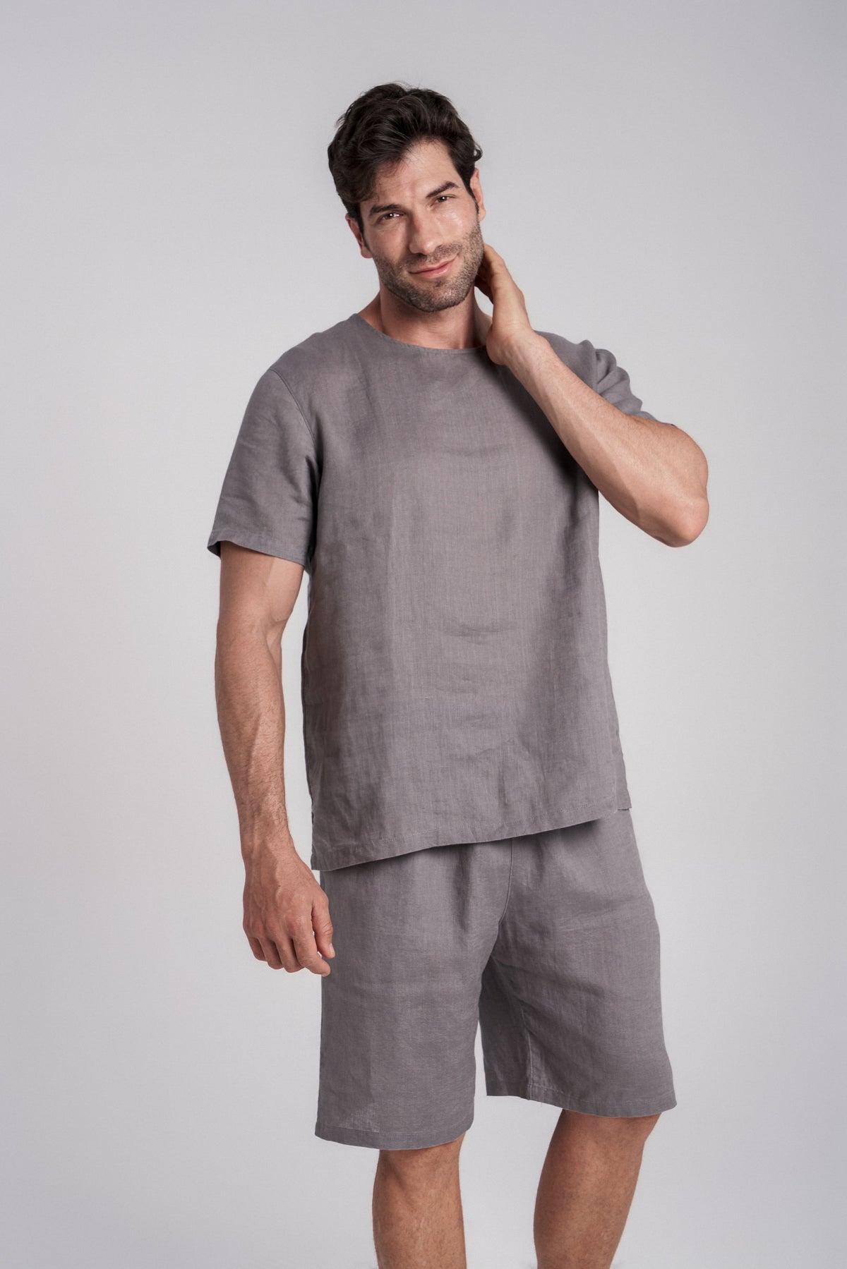 Gray linen short-sleeve pajama top with crew neck and knee-length matching shorts